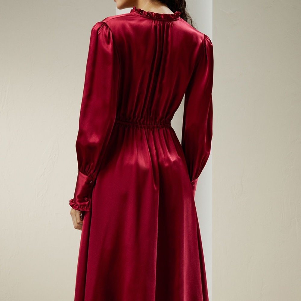 Beautiful V-neck Burgundy Silk Dress - Picture 2 of 5